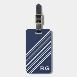 Donkere Sapphire Blue en White Pinstripe Monogram Bagagelabel
