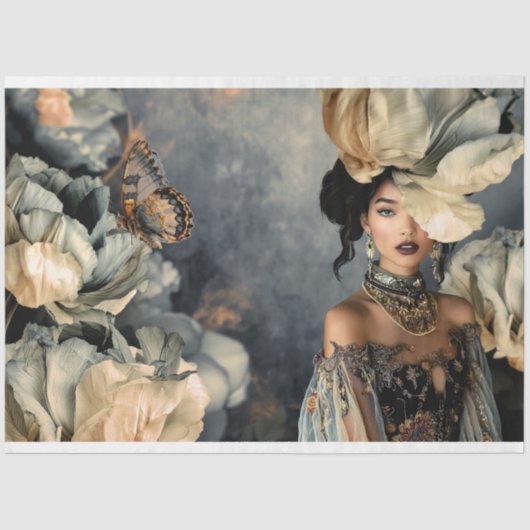 Donkere Schoonheid & Moody Blauwe Bloemen, Portret Tissuepapier (Voorkant)