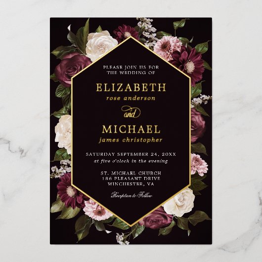 Donkere Sfeervolle Bloemrijke Bordeauxkleurige Ele Folie Uitnodiging (Voorkant)