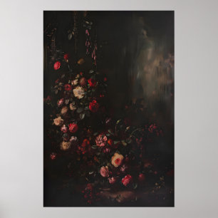 Donkere Sfeervolle Botanische Bloemrozen Bloemkuns Poster
