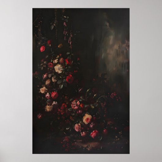 Donkere Sfeervolle Botanische Bloemrozen Bloemkuns Poster (Voorkant)