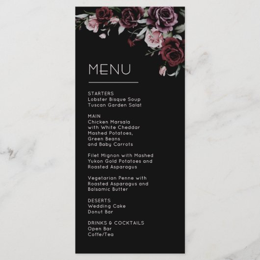 Donkere Sfeervolle Rozen Bruiloft Menu (Voorkant)