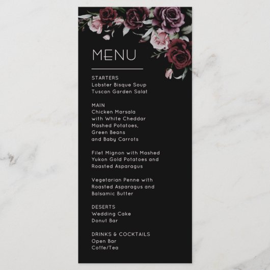 Donkere Sfeervolle Rozen Bruiloft Menu (Voorkant)