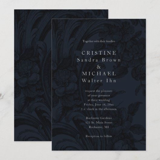 Donkere sierelegante trouwuitnodiging kaart (Voorkant / Achterkant)