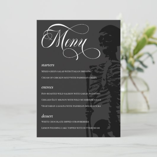 Donkere Skeleton Beauful Script Gothic Wedding Menu (Staand voorkant)