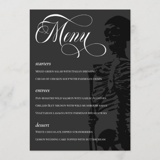 Donkere Skeleton Beauful Script Gothic Wedding Menu (Voorkant)