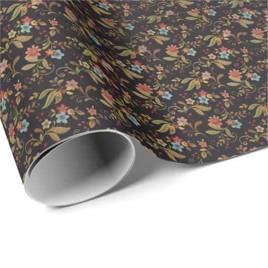 Donkere Slavische Stijl Bloemen Cadeaupapier (Rol Hoek)