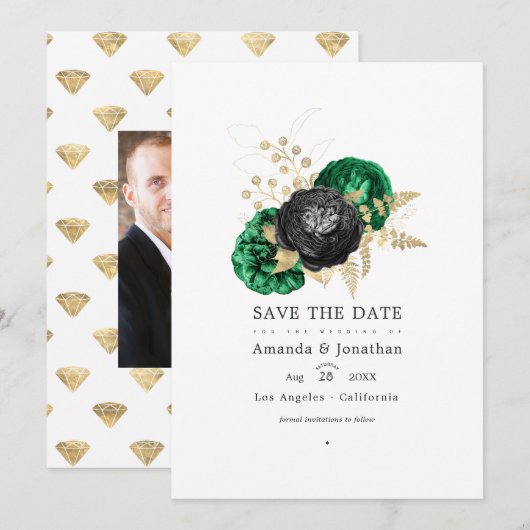 Donkere Smaragd en Gouden Bloem Bruiloft Bewaar De Save The Date (Voorkant / Achterkant)