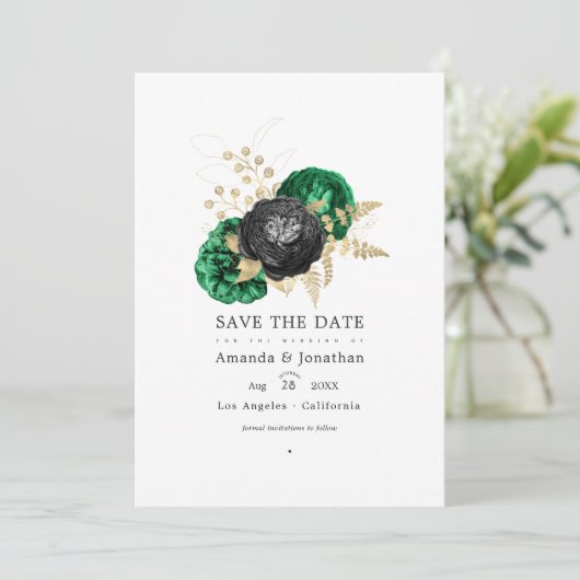 Donkere Smaragd en Gouden Bloem Bruiloft Save The Save The Date (Staand voorkant)