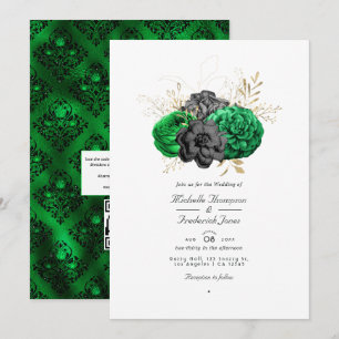 Donkere Smaragd en Gouden Bloem QR Code RSVP Huwel Kaart