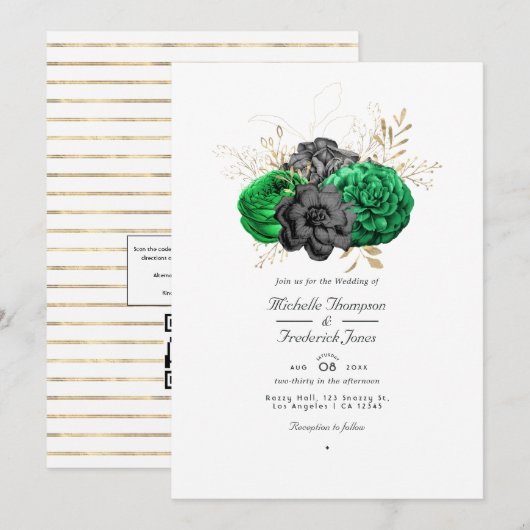 Donkere smaragd en gouden bloemencode QR Code RSVP Kaart (Voorkant / Achterkant)