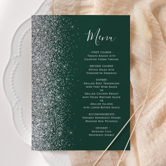 Donkere Smaragdgroene Zilveren Glitter Bruiloft Menu