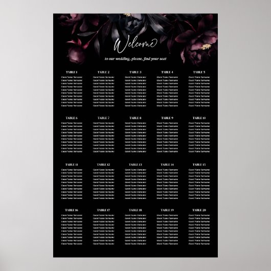 Donkere, sombere bordeauxrode bloemen zitplan poster (Voorkant)
