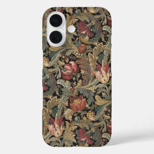 Donkere, sombere vintage bloem botanische patroon iPhone 16 hoesje