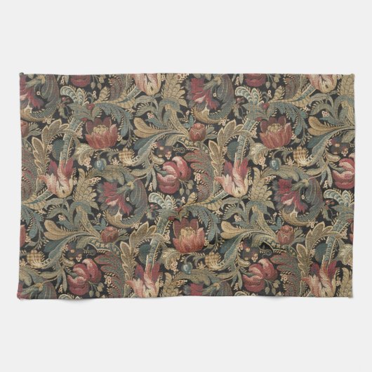 Donkere, sombere vintage bloem botanische patroon theedoek (Horizontaal)