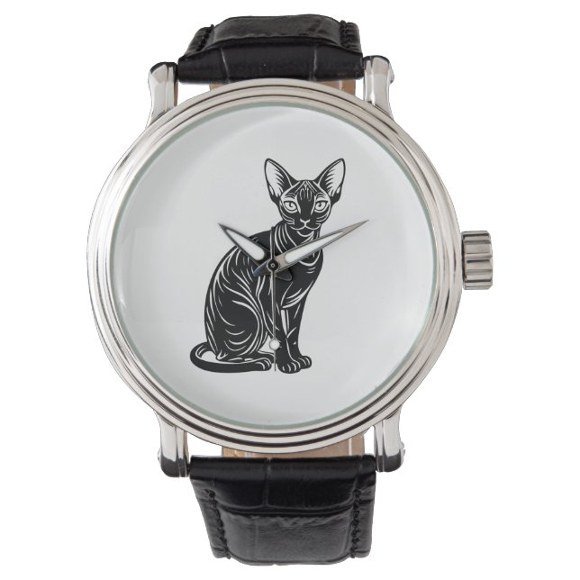 Donkere Sphynx Kat – Minimalistische Krachtige Kun Horloge (Voorkant)
