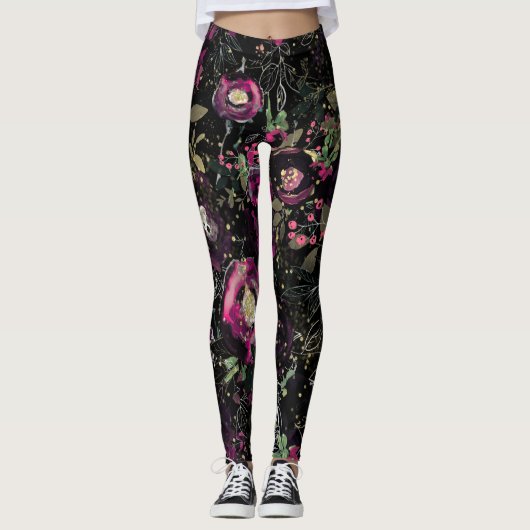 Donkere Stemming Bespruim Glans Bloemig Modern Leggings (Voorkant)