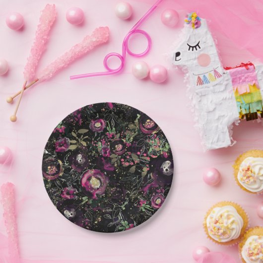 Donkere Stemming Bespruimfonkelende Bloem Moderne Papieren Bordje (Feest)