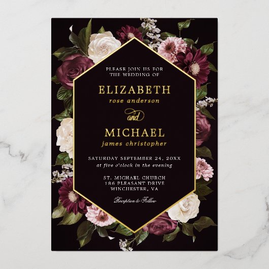 Donkere Stemming Bloemig Bourgondië Trouw Elegant Folie Uitnodiging (Voorkant)