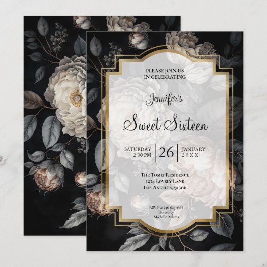 Donkere Stemming Bloemige Sweet 16 Kaart (Voorkant / Achterkant)