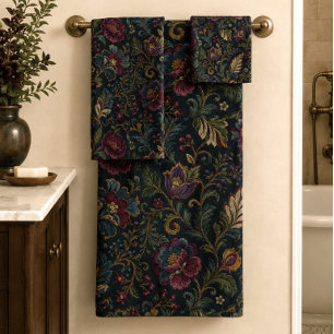 Donkere Stemming Bloemige Vintage Crewel Botanisch Bad Handdoek