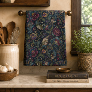 Donkere Stemming Bloemige Vintage Crewel Botanisch Theedoek