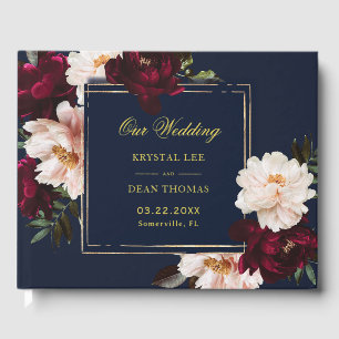 Donkere Stemming Burgundy Blush Navy Blauwe Bloemi Gastenboek
