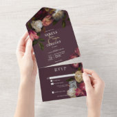 Donkere Stemming Roze Burgundy & Crème Pioenrozen All In One Uitnodiging (Afscheurbaar)