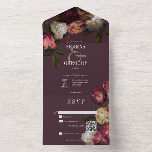 Donkere Stemming Roze Burgundy & Crème Pioenrozen All In One Uitnodiging (Binnen)