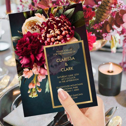 Donkere Stemming Weelderige Bloemige Marsala Trouw Kaart