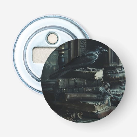 Donkere Tatty Oude Boeken met Raven Button Flesopener (Voorkant)