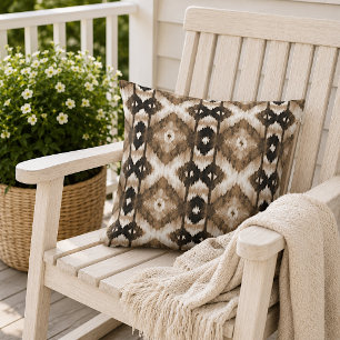 Donkere Taupe Bruine Witte Ikat Tribale Kunst Patr Buitenkussen