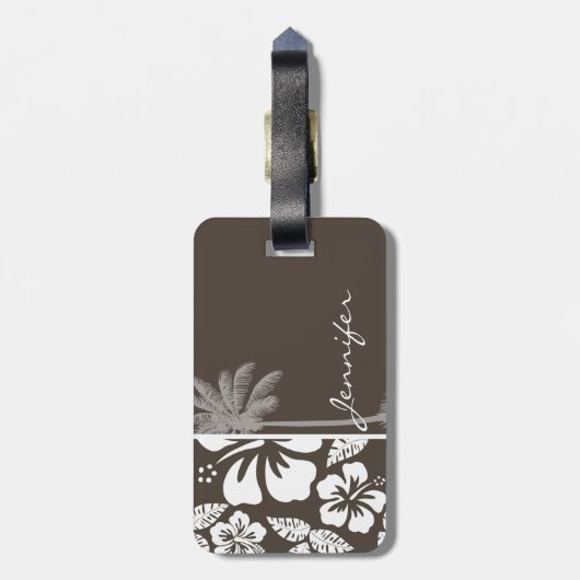 Donkere taupe tropische hibiscus; zomerpalm bagagelabel (Achterkant verticaal)