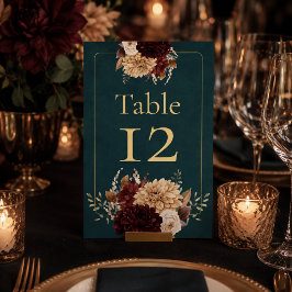 Donkere Teal Bloem Gothic Trouwtafel Nummer Kaart