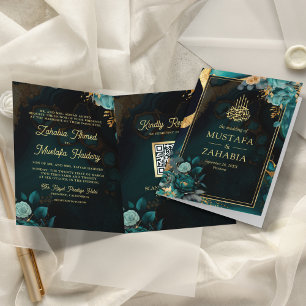 Donkere Teal Gouden Bloemencode Moslim Bruiloft