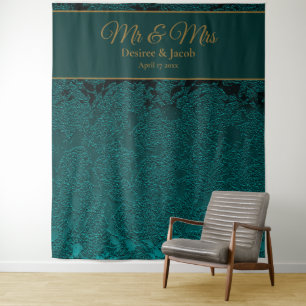 Donkere Teal Gouden Bloemrijke Herfst Bruiloftsfot Wandkleed