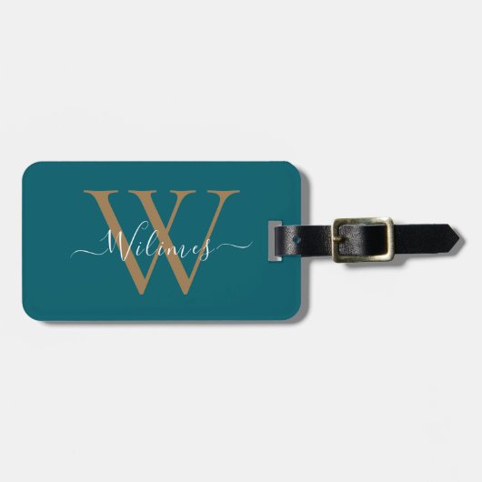 Donkere Teal Gouden Monogram Script Naam Stijlvol Bagagelabel (Voorkant horizontaal)