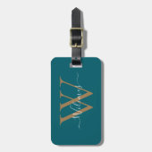 Donkere Teal Gouden Monogram Script Naam Stijlvol Bagagelabel (Voorkant verticaal)