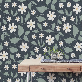 Donkere Teal Madeliefjes Folk Art Gedempte Salie V Behang