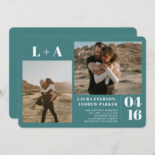 Donkere teal minimalistische initialen 2 foto's br kaart (Voorkant / Achterkant)