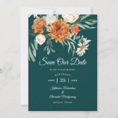 Donkere Teal Terracotta Herfst Bloem Foto Bruiloft Save The Date (Voorkant)