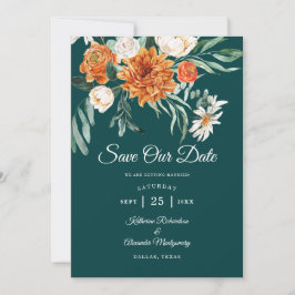 Donkere Teal Terracotta Herfst Bloem Foto Bruiloft Save The Date