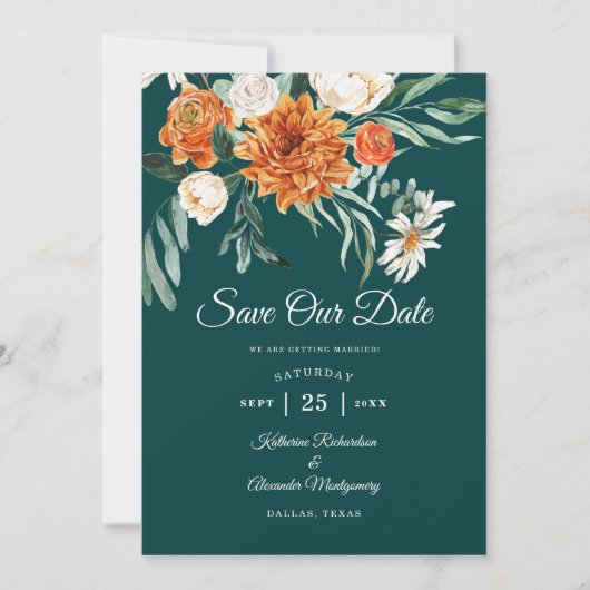 Donkere Teal Terracotta Herfst Bloem Foto Bruiloft Save The Date (Voorkant)