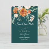 Donkere Teal Terracotta Herfst Bloem Foto Bruiloft Save The Date (Staand voorkant)