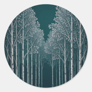 Donkere Teal Witte Berkenbos Bomen Ronde Sticker