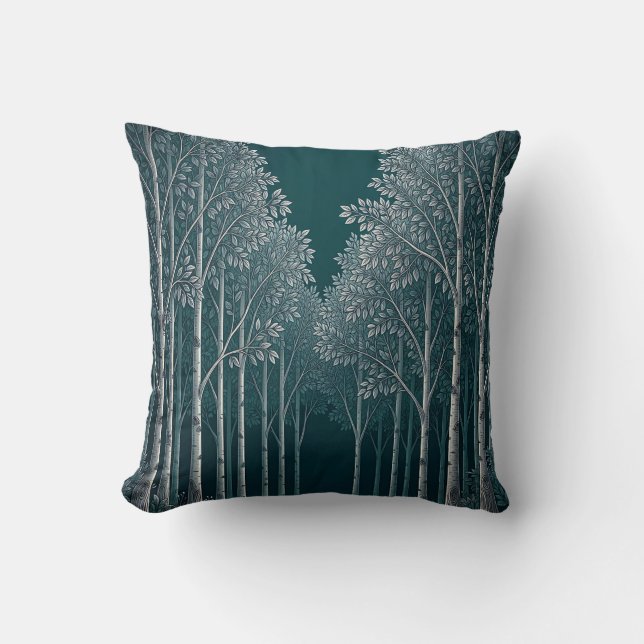 Donkere Teal Witte Berkenbosbomen  Kussen (Voorkant)