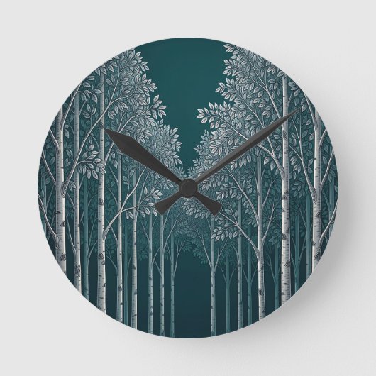 Donkere Teal Witte Berkenbosbomen Ronde Klok (Voorkant)