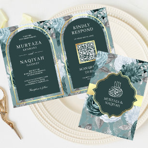 Donkere Teal Zeeschuim Bloemencode QR Moslim Huwel