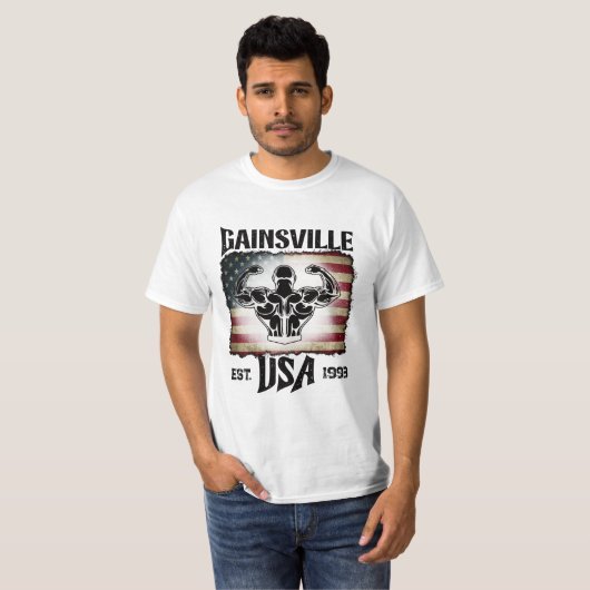 Donkere Tekst Gainsville USA Vlag Biceps Bodybuild T-shirt (Voorkant volledig)