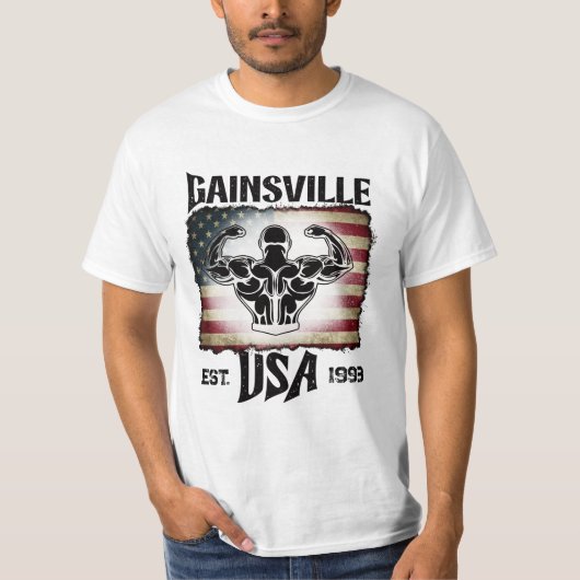 Donkere Tekst Gainsville USA Vlag Biceps Bodybuild T-shirt (Voorkant)